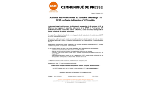 ICT : Audience des Prud'hommes du 2 octobre à Montargis>> la CFDT (...)